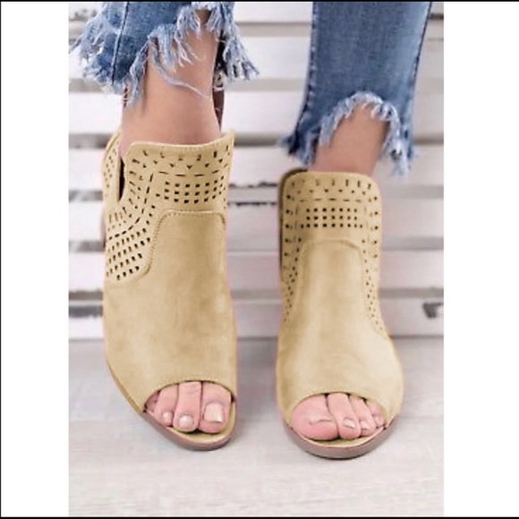 Suede V Cut Laser Cutout Peep Toe Bootie - Picture 2 of 8